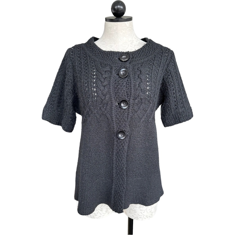 Nordstrom Classiques Entier Black Cable Knit Sweater Short Sleeve Buttons Size L